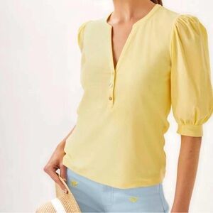 Lilly Pulitzer Blouse Ronson Knit Top Yellow Muse Womens Size L Balloon Sleeves